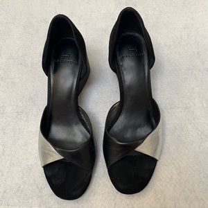 Black and silver Halston dress shoe.